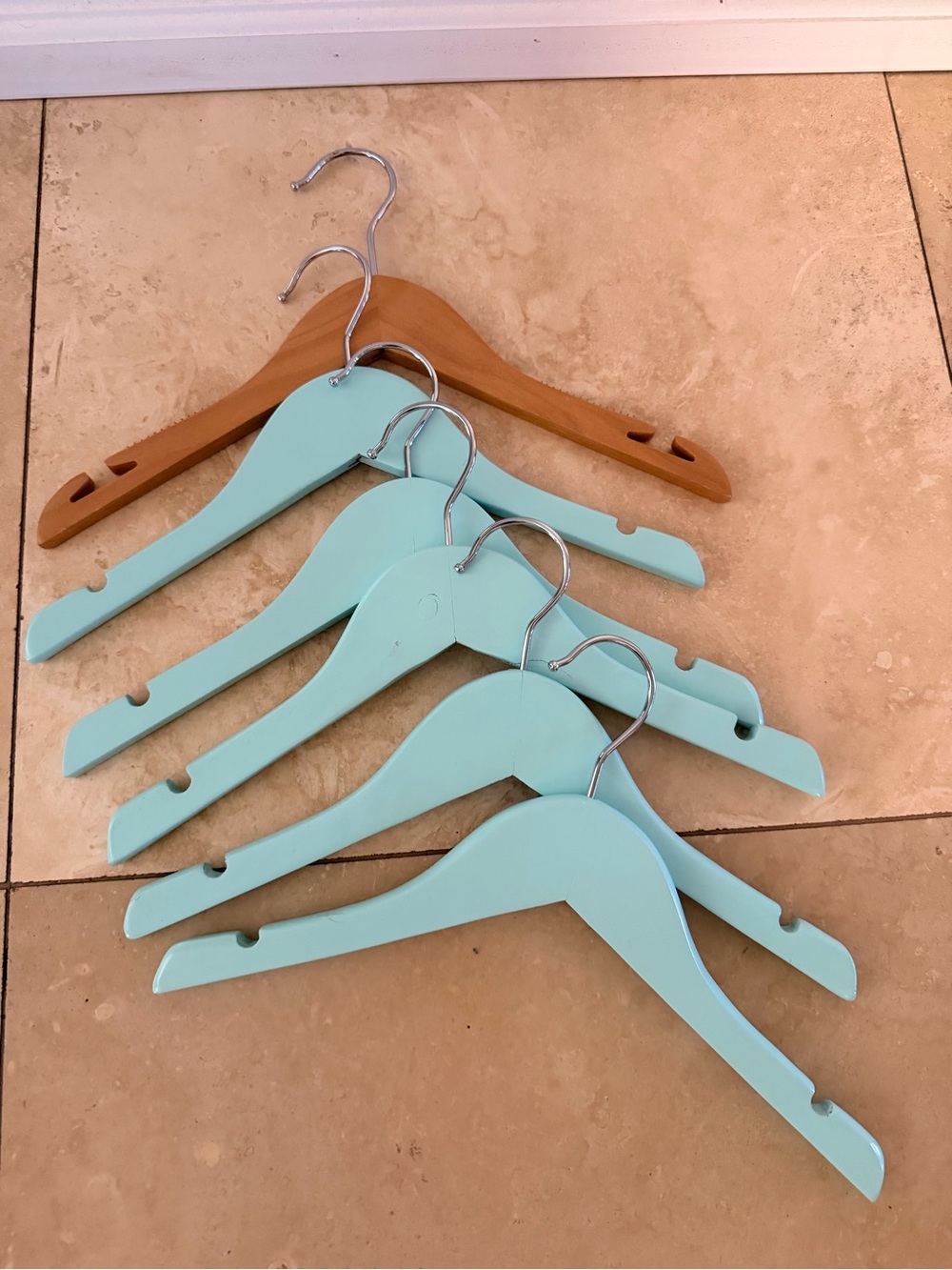 Children’s Kids Size Set of 6 Wooden Clothing Hangers in Aqua and Natural Wood